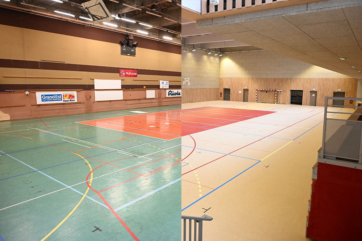 Le gymnase Montaigne avant (à gauche), et après sa rénovation (à droite). 