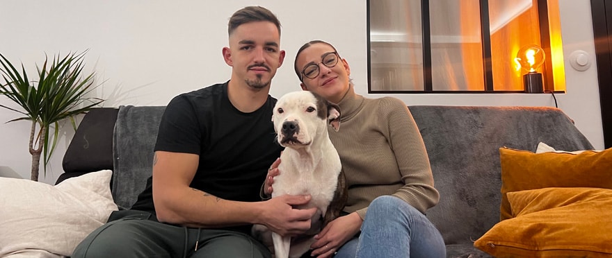 Valentin et Justine viennent d’adopter Albo, un Staffordshire Bull Terrier.