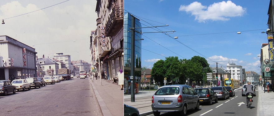 Faubourg de Colmar, Mulhouse. A gauche : 1970, à droite, photo prise en 2010/2015