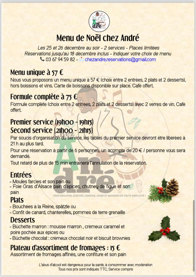 Menu de Noël - Chez André les 25 et 26/12 soirs
