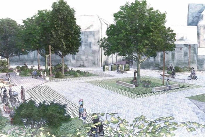 Perspective de la place des Maraîchers réaménagée, depuis la future percée rue du Manège.