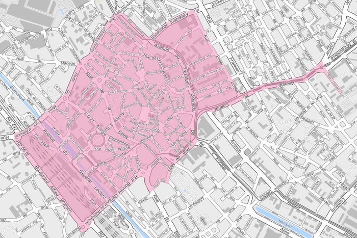 Le périmètre du centre-ville concerné par l'arrêté relatif à l'interdiction nocturne de la circulation des mineurs non accompagnés d'un adulte.