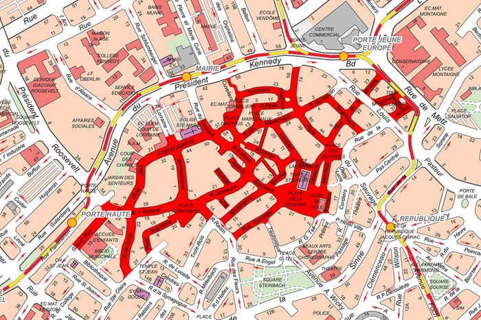 En rouge, le secteur désormais interdit aux trottinettes électriques, monoroues, gyropodes, hoverboards et vélos à assistance électrique.