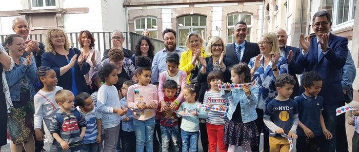 Séquence inaugurale joyeuse en présence du maire de Mulhouse Michèle Lutz et du président de la Région Grand Est Jean Rottner.