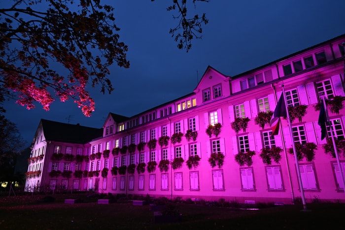 Dans le cadre d'Octobre rose, la mairie de Mulhouse se pare de rose à la nuit tombée.